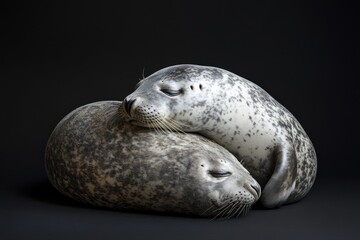 Obraz premium the beside view Seals, left side view, white copy space on right, Isolated on dark Background