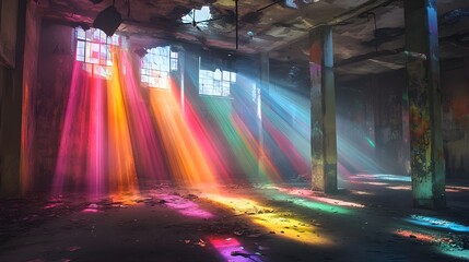 An artistic representation of colorful light rays filtering through a shattered ceiling in a dimly lit space, highlighting the transformative effect of creativity overcoming barriers. 