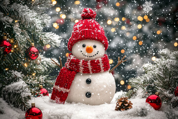 Obraz premium Snowman in a knitted hat and scarf on the background of the Christmas tree 
