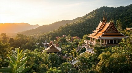 Fototapeta premium A serene view of a traditional Thai temple nestled in the hills of Satun, surrounded by lush greenery and offering a glimpse into local culture.