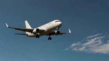 White airplane flying in a blue sky.