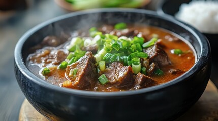 A steaming bowl of galbitang (beef short rib soup), garnished with green onions and served with a side of rice, symbolizing comfort and warmth.