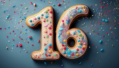Decorated cookie, number 16, illustration for birthday or anniversary celebration