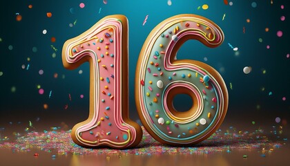 Decorated cookie, number 16, illustration for birthday or anniversary celebration