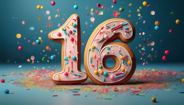 Decorated cookie, number 16, illustration for birthday or anniversary celebration