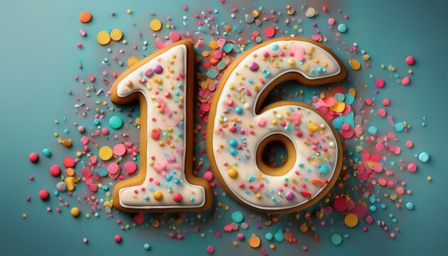 Decorated cookie, number 16, illustration for birthday or anniversary celebration
