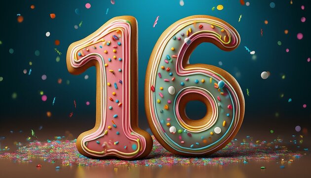 Decorated cookie, number 16, illustration for birthday or anniversary celebration