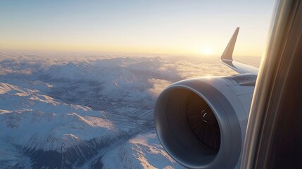 The plane flies low over the snow-capped mountains and prepares to land at the airport, the view from the airplane window to the wing turbine and the horizon