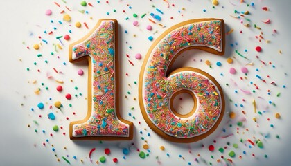 Decorated cookie, number 16, illustration for birthday or anniversary celebration