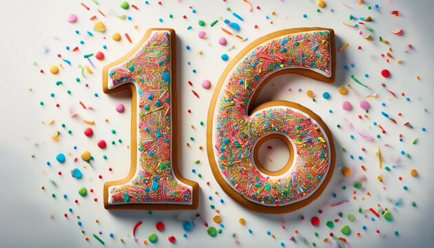 Decorated cookie, number 16, illustration for birthday or anniversary celebration