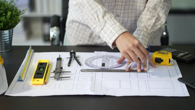 architect or engineer working on table use drawing tool on the paper plan for business architectural project.