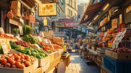 A vibrant market scene featuring fresh produce and ingredients used in Korean cooking, highlighting the importance of quality ingredients.