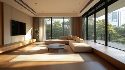 A contemporary living room with a beige sectional sofa and large windows offering scenic views of city greenery.
