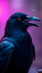 Intelligent Black Crow Raven with Purple Background Feathers with Water Drops