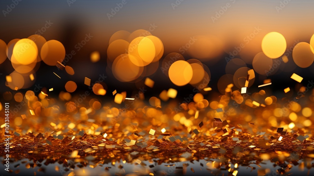 Canvas Prints Golden Confetti Falling on a Bed of Shimmering Particles Against a Blurred Background of Warm Lights