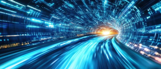 Fototapeta premium A dynamic, high-speed image depicting a glowing blue tunnel with light streaks, conveying a sense of rapid movement and futuristic energy.