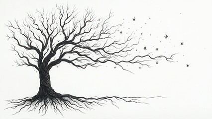 Obraz premium A whimsical hand-drawn tree illustration featuring swirling branches and a complex root system. Ideal for adding a touch of fantasy and whimsy