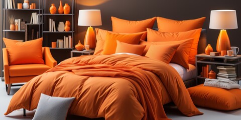 A cozy bedroom with orange bedding, throw pillows, a plush chair, and bedside tables with lamps, books, and decorative objects