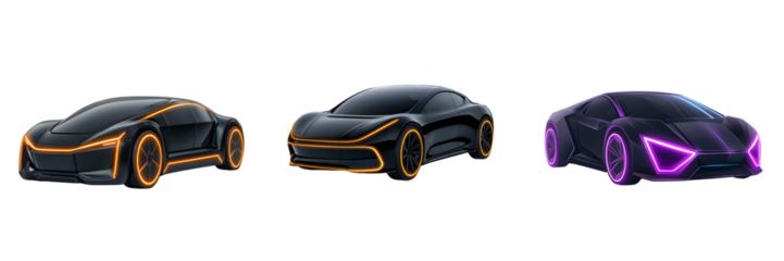 futuristic electric car clipart, sleek design, glowing neon accents, isolated on transparent background