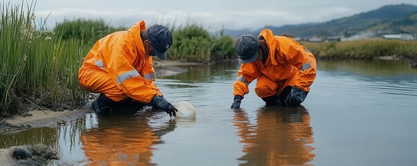 Two researchers in orange suits collect samples from a riverbank, showcasing environmental study and conservation efforts.