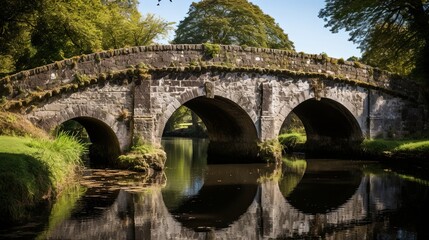 Fototapeta premium An ancient stone bridge spans a serene waterway, its weathered arches reflected in the calm, clear water, a testament to time's enduring beauty.
