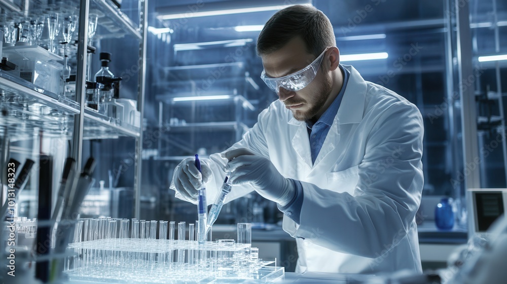 Aufkleber the scientist carefully manages test tubes and samples in a modern laboratory, focused on conducting