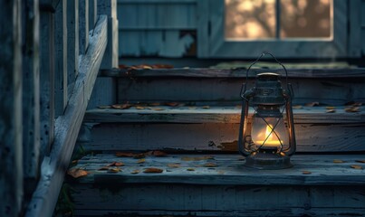 Lantern on the porch steps, 4K hyperrealistic photo