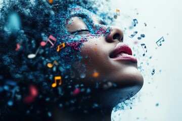 A vibrant depiction of a woman immersed in music with colorful notes and artistic elements surrounding her, evoking a sense of dreamy escape and creativity.