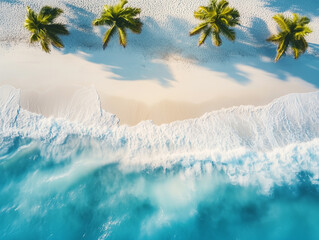 Top view of coconut trees on the white beach sand and waves from sea ocean to the beach on holiday, summer background. 