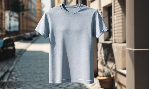Plain red t-shirt with a blurred street background, suitable for a stylish mockup design. Generative AI