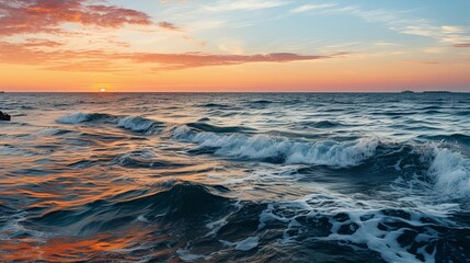 Obraz premium Golden Hues Reflecting on the Ocean's Crest, a Serene Sunset Painting the Water with Vibrant Color