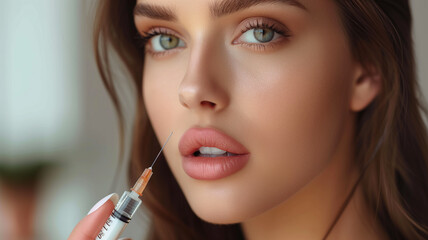 Obraz premium A close-up of a cosmetic procedure featuring the precise application of a lip filler injection by a professional in pink gloves. Perfect for promoting beauty clinics,