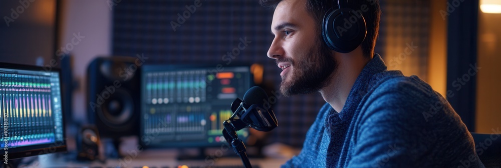 Aufkleber A podcaster speaks into a microphone while focused on audio equipment and monitors in a studio environment. Generative AI