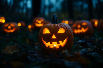 Glowing Jack O' Lanterns at Moonlight in Spooky Halloween Night Scene with Flickering Pumpkins and Creepy Shadows