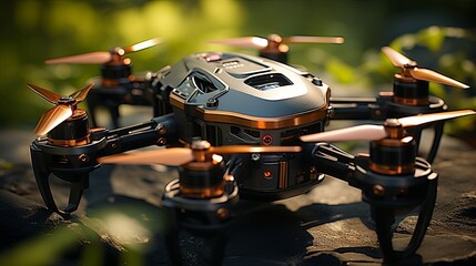 A close-up of a small drone with copper colored propellers, sitting on a textured surface in natural light.