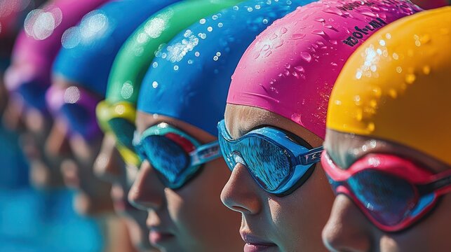 Vibrant close-up of swimmers in colorful caps, showcasing focus and determination during a competitive event.