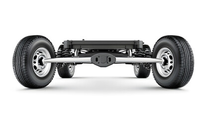 Black Car Chassis with Suspension and Tires on a White Background design