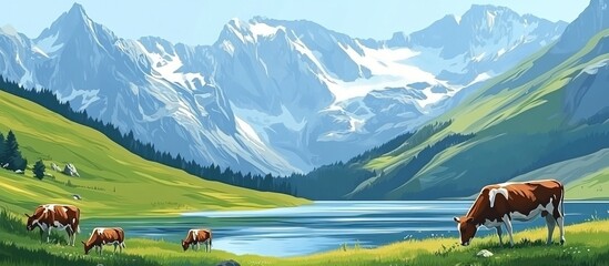 Mountain Lake with Cows
