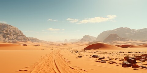 A solitary tire track cuts through the ochre sands of a desolate desert, stretching toward distant, sun-kissed rock formations beneath a sky of pale blue and wispy clouds.