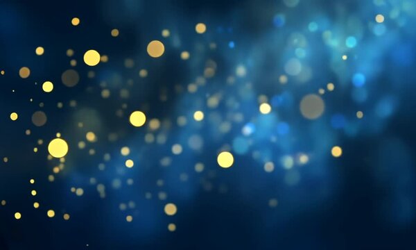 A navy blue background with golden particles features an abstract design
