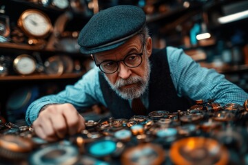 An elderly man with glasses and a cap leans over a table full of watches, immersed in his craft, showcasing a passion for detail and timeless expertise.