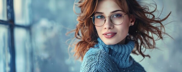Woman with chestnut curls and glasses, dressed in blue sweater, warm smile on her face, 4K hyperrealistic photo