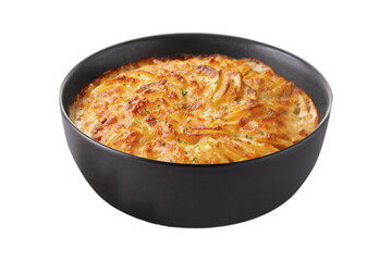 Capture the golden, crispy layers of creamy au gratin potatoes in a bowl. Perfect for menus or blogs, this image highlights the rich, cheesy goodness