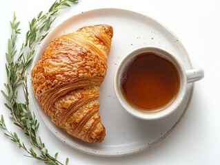Croissant and tea on a plate, white isolate background.