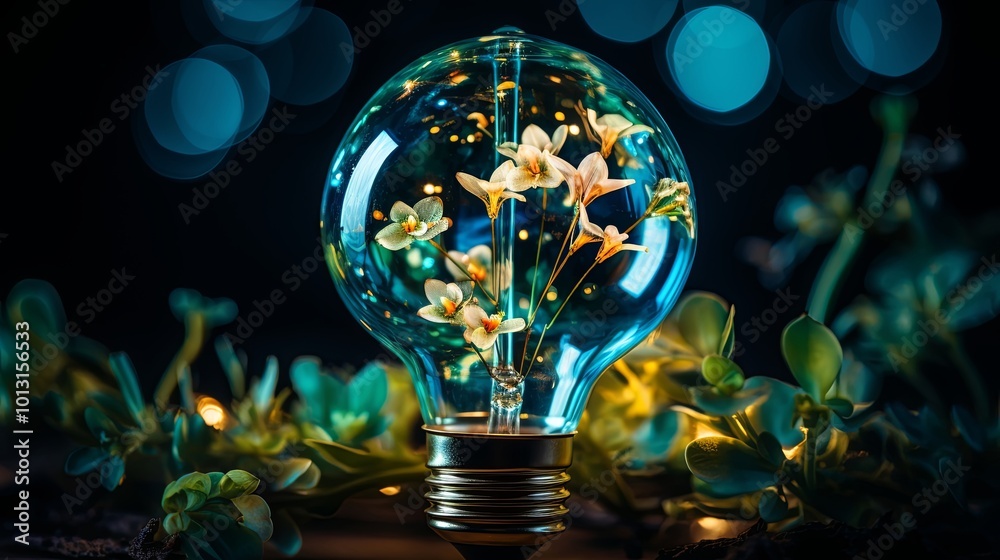 Poster Illuminated Blooms Encased in a Glass Globe, Surrounded by Verdant Foliage, with a Soft Glow of Warm Light