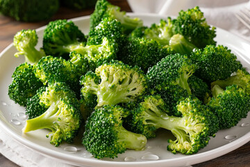 A plate of fresh broccoli florets, showcasing their vibrant green color and healthy appeal, perfect for a nutritious meal.