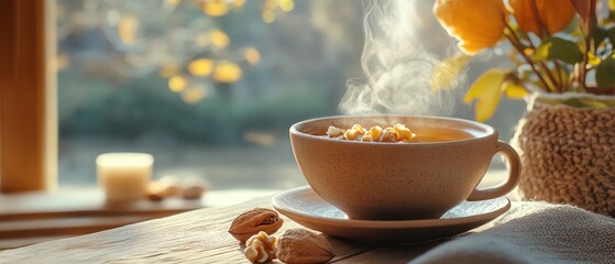 Steaming cup of tea, cozy setting with soft natural light