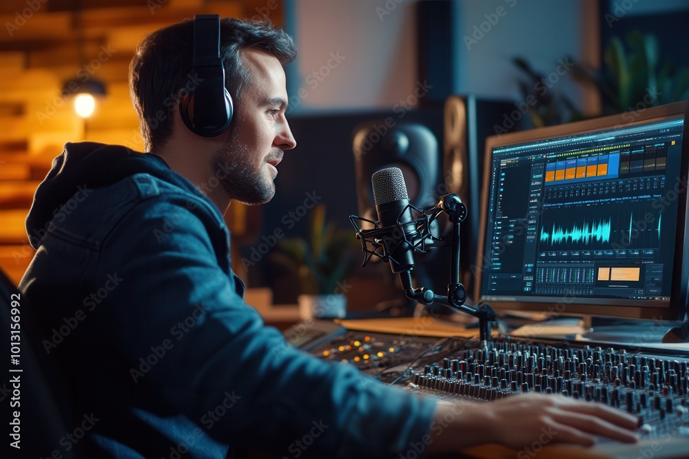 Leinwandbilder a podcaster passionately discusses topics while adjusting audio settings in a contemporary studio se