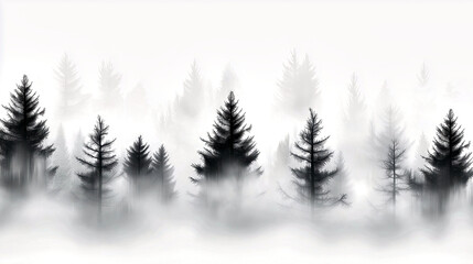 Obraz premium Pine trees emerging from fog in black and white