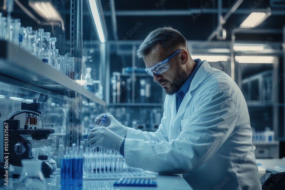 Poster in a modern laboratory, a scientist in a lab coat and protective gear analyzes samples and manages t